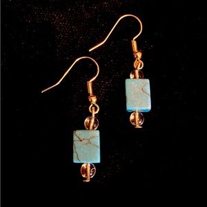 New Rectangular Turquoise(Upcycled) Bead Dangle Drop Gold Hook Earrings